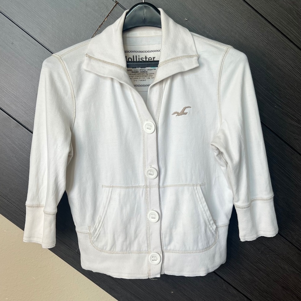 Hollister Women's Cropped Button Front Sweatshirt‎ Jacket White Size L Y2K